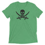 Green unisex short sleeve t-shirt with Jack Rackham pirate flag represented as a black skull above two black crossed swords, which contributed to the popularization of pirates worldwide.
