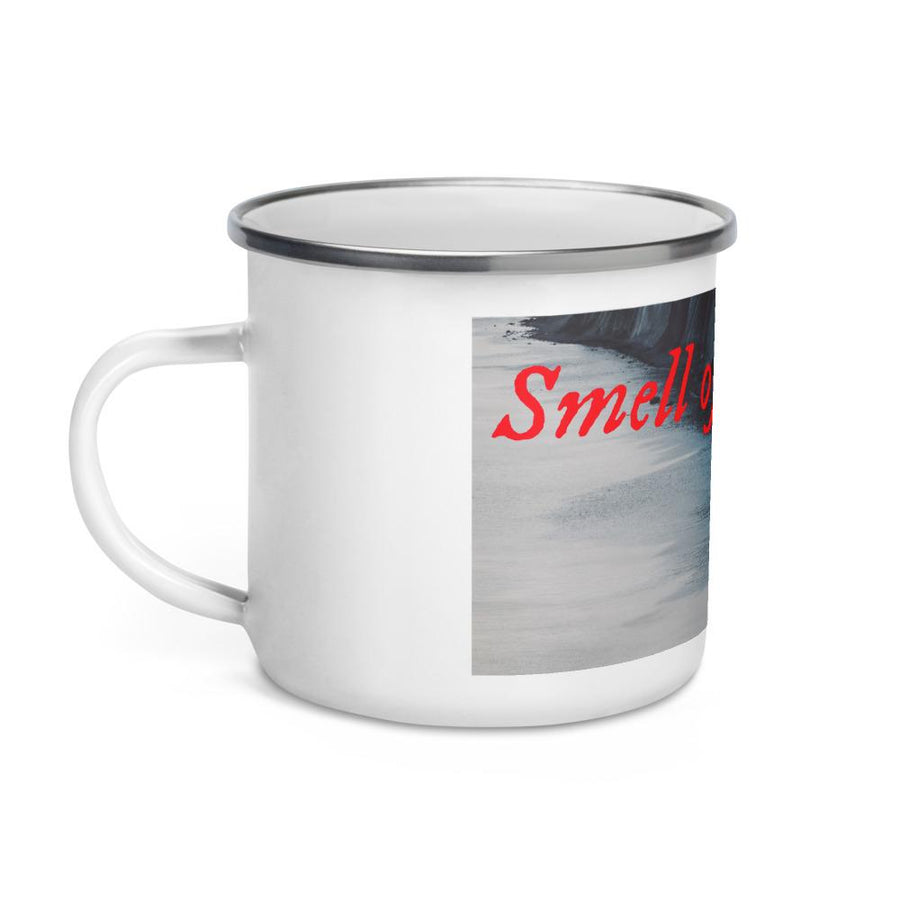 Enamel Mug with photographed image of ocean and clipped shores with "Smell of Ocean" Witten in red lettering.