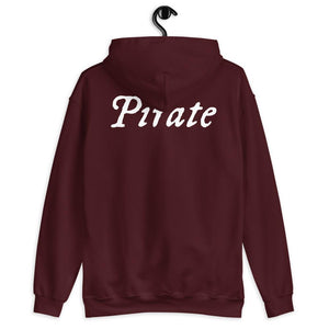 Maroon unisex Hoodie with word "Pirate" written horizontally in IM Fell font on the front and back of the hoodie. Lettering is in white.