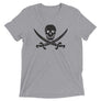 Ash unisex short sleeve t-shirt with Jack Rackham pirate flag represented as a black skull above two black crossed swords, which contributed to the popularization of pirates worldwide.