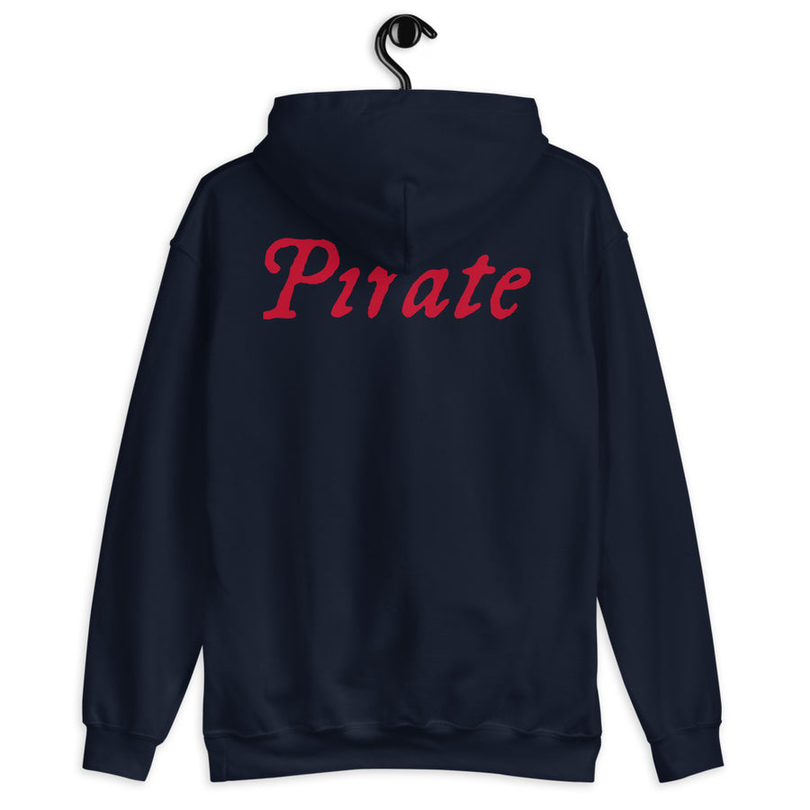 Navy Blue unisex  Hoodie with word "Pirate" written horizontally in IM Fell font on the front and back of the hoodie. Lettering is in Red.
