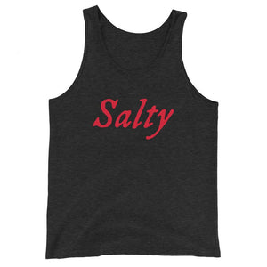 Black unisex tank top with wording "Salty" written on one horizontal row in IM Fell font on the front. Lettering is in Red.