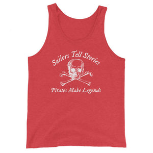 Hot Pink unisex tank top with centered artistic skull and crossbones surrounded with "Sailors Tell Stories" above and "Pirates Make Legends" below in white IM Fell font.