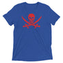 Royal Blue short sleeve t-shirt with Jack Rackham pirate flag represented as a red skull above two red crossed swords, which contributed to the popularization of pirates worldwide.