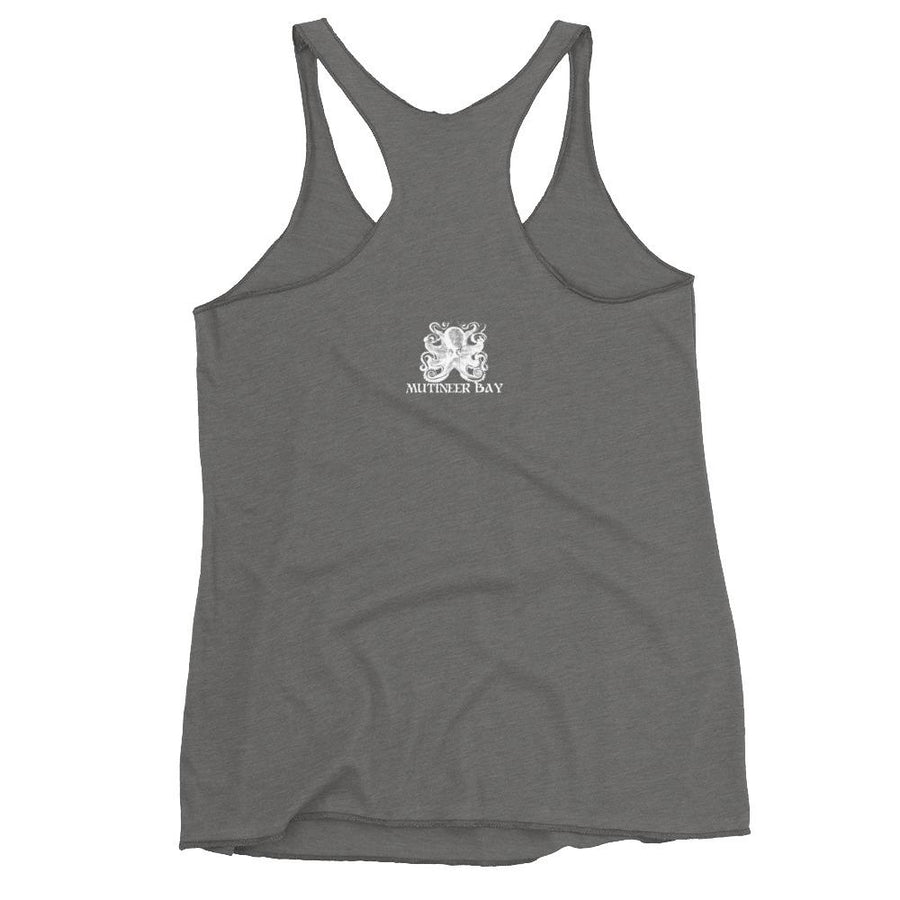 Grey racerback tank top with Jack Rackham pirate flag represented as a white skull above two crossed swords, which contributed to the popularization of pirates worldwide.
