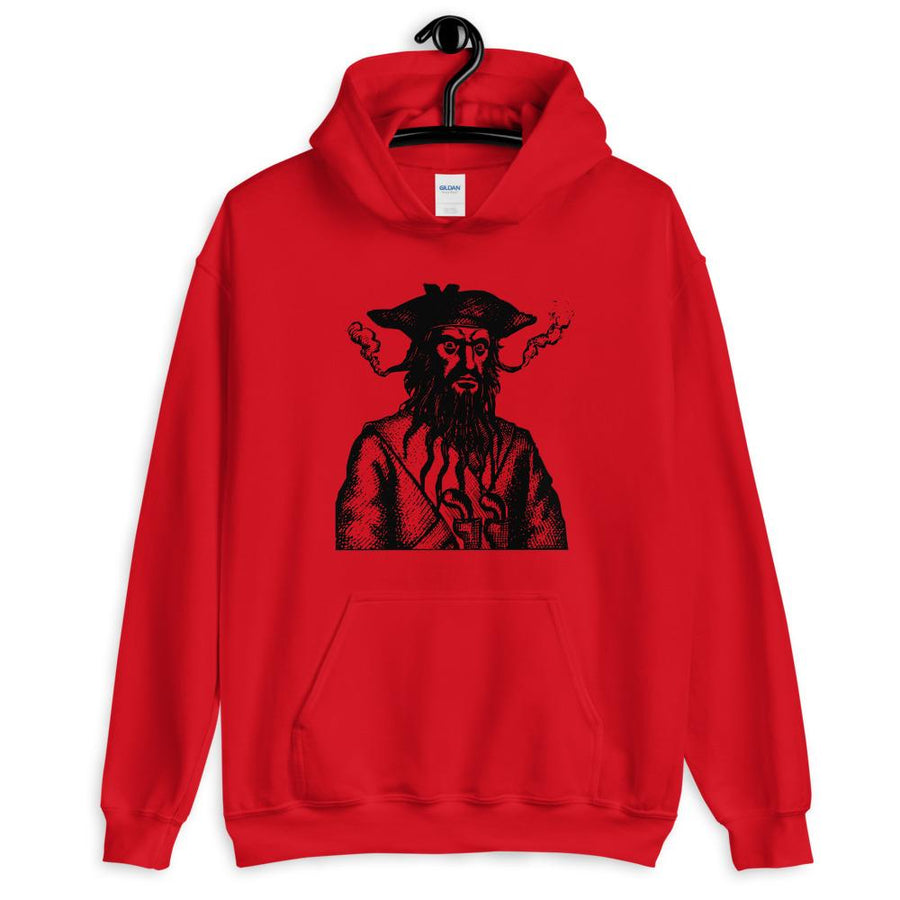 Red Hoodie unisex with a black image of "Blackbeard the Pirate" this was published in Defoe, Daniel; Johnson, Charles (1736 - although Angus Konstam says the image is circa 1726