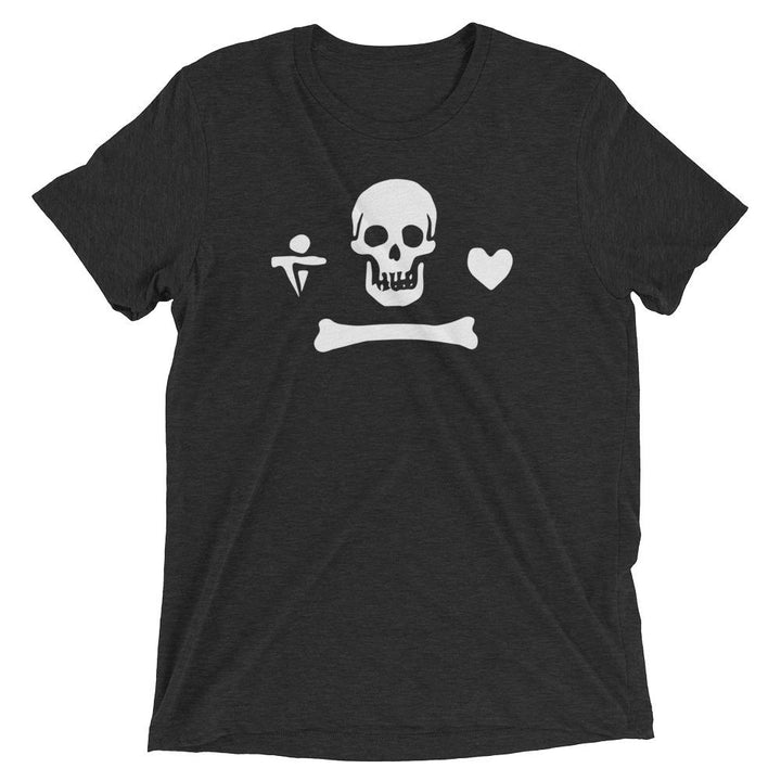 Black unisex short sleeve t-shirt depicting the pirate flag of Stede Bonnet "The Gentleman Pirate" represented as a white skull above a horizontal long bone between a heart and a dagger.