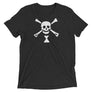 Black short sleeve t-shirt depicting white pirate flag of Emanuel Wynn, famous French pirate, which is a variant of crossbones motif with an addition of an hourglass which represented that pirate prey's time is up.
