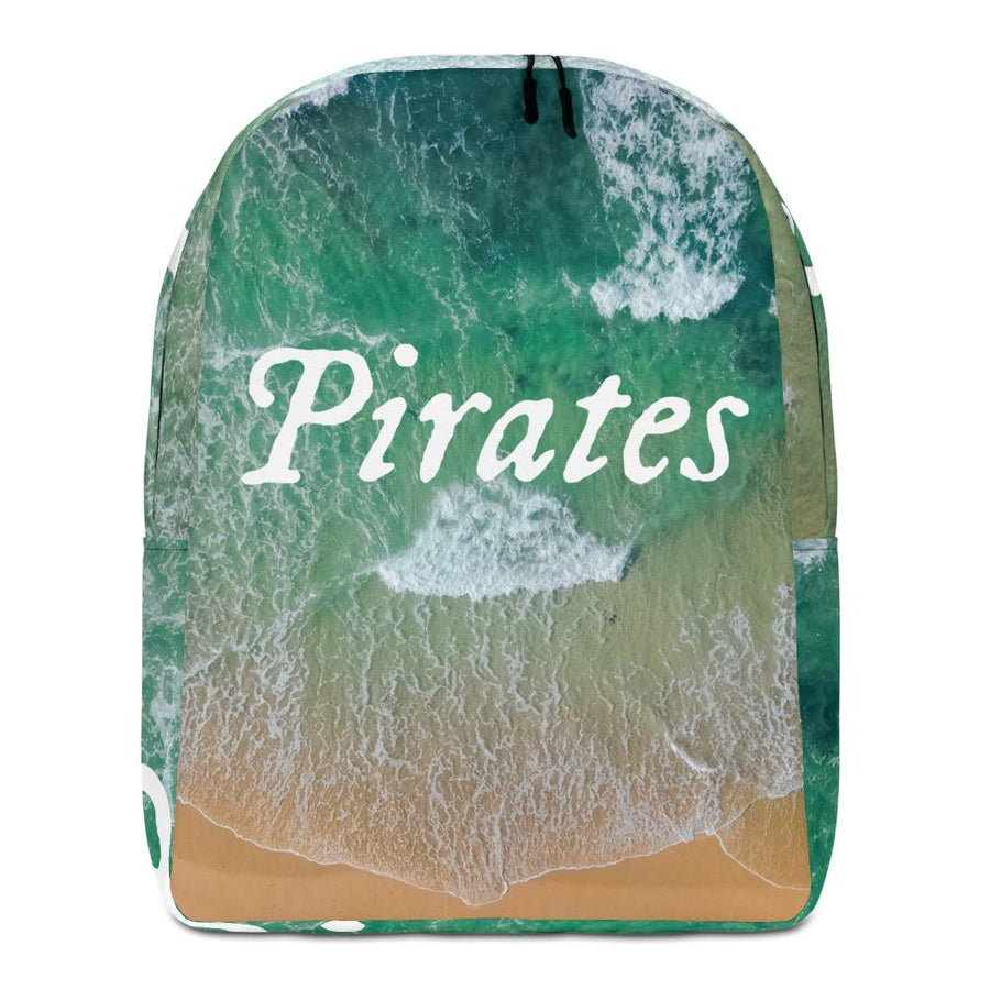 Minimalist Backpack with all over image of shore line in Tortuga with word "Pirates" written in center in white IM Fell font.