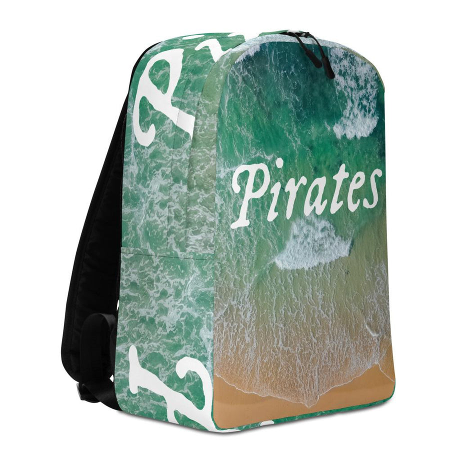 Minimalist Backpack with all over image of shore line in Tortuga with word "Pirates" written in center in white IM Fell font.