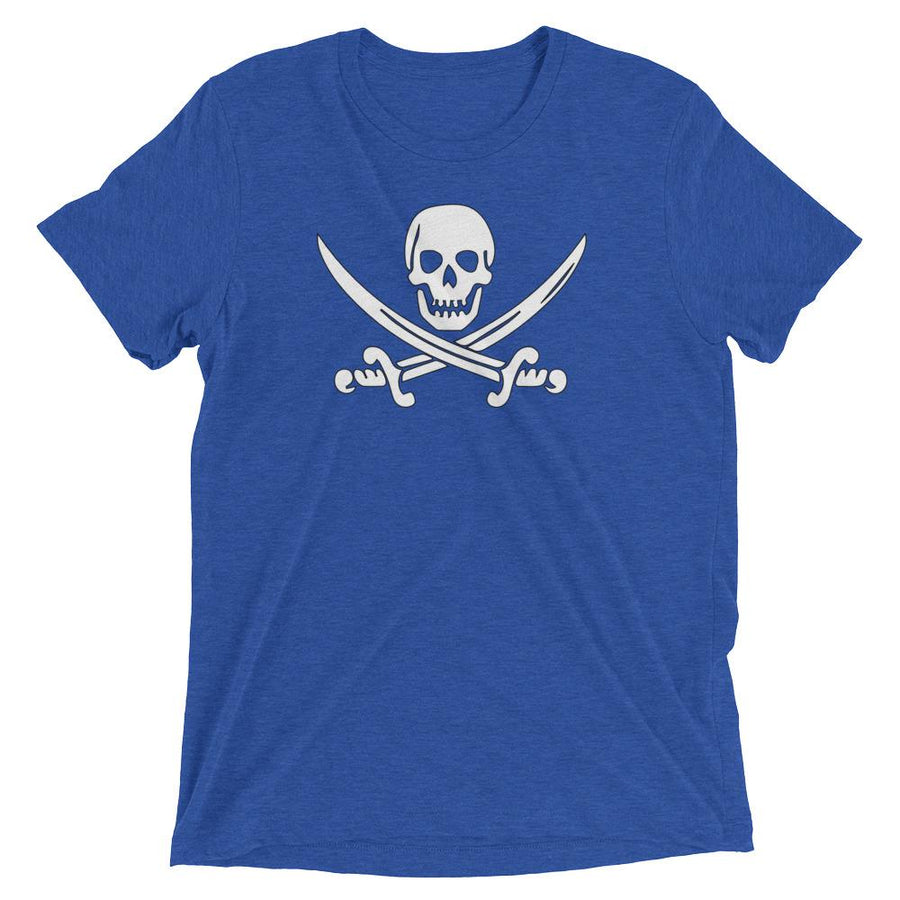 Royal Blue t-shirt with Jack Rackham pirate flag represented as a white skull above two crossed swords, which contributed to the popularization of pirates worldwide.