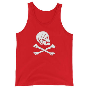 Red unisex tank top with Henry Every pirate flag which depicts a white skull in profile wearing a kerchief and an earring, above a saltire of two white crossed bones