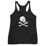 Black racerback tank top with Henry Every pirate flag which depicts a white skull in profile wearing a kerchief and an earring, above a saltire of two white crossed bone
