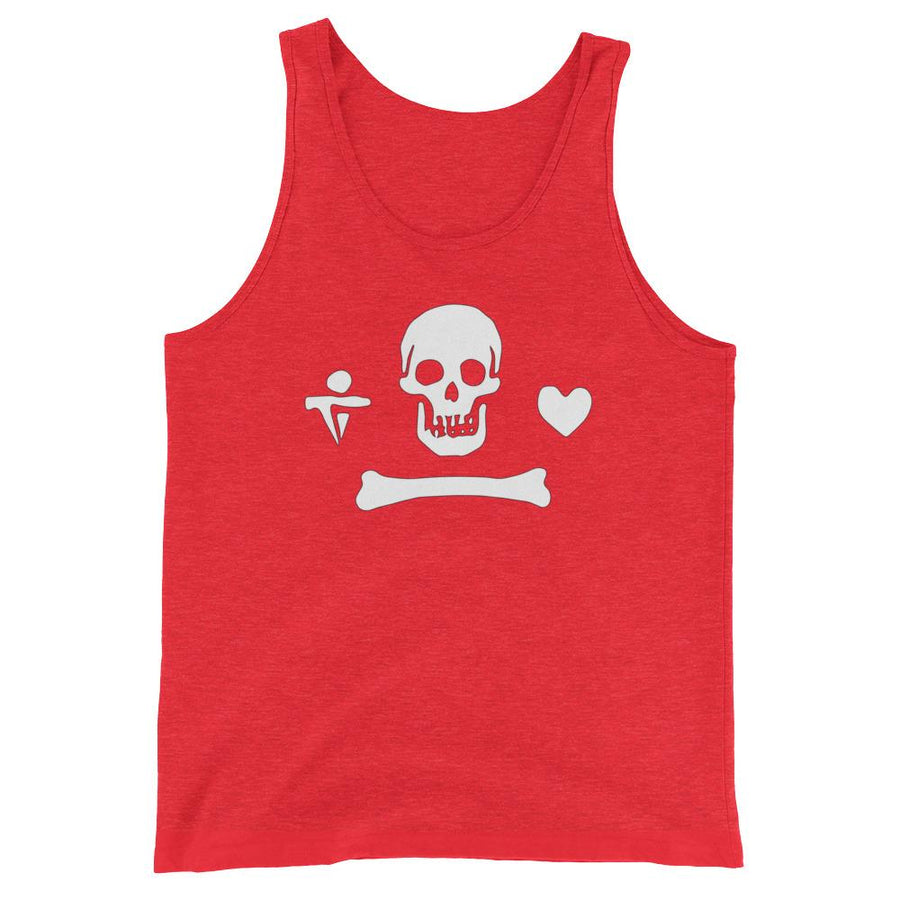 Black unisex tank top depicting the pirate flag of Stede Bonnet "The Gentleman Pirate" represented as a white skull above a horizontal long bone between a heart and a dagger.