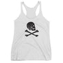 White racerback tank top with Henry Every pirate flag which depicts a black skull in profile wearing a kerchief and an earring, above a saltire of two black crossed bone