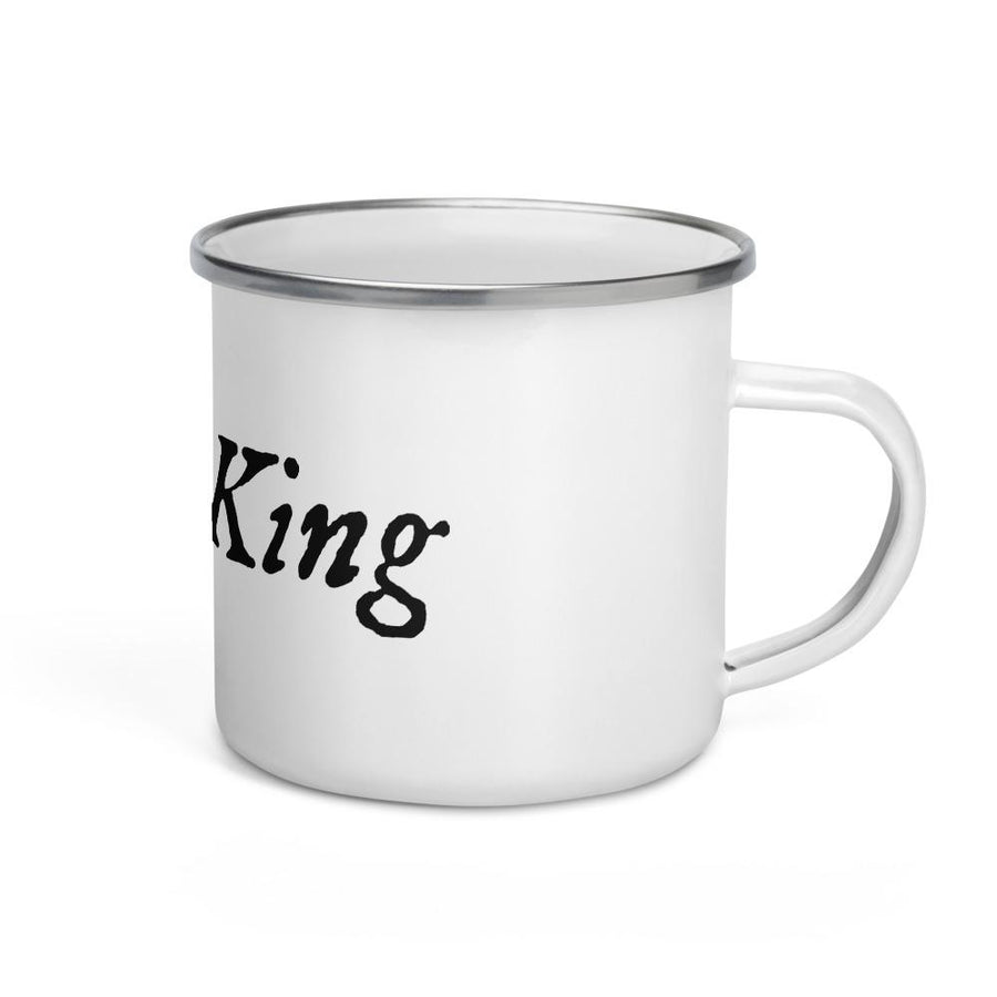 Enamel Mug with "Pirate King" written in black lettering in IM Fell font, surrounded by white background.