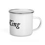 Enamel Mug with "Pirate King" written in black lettering in IM Fell font, surrounded by white background.