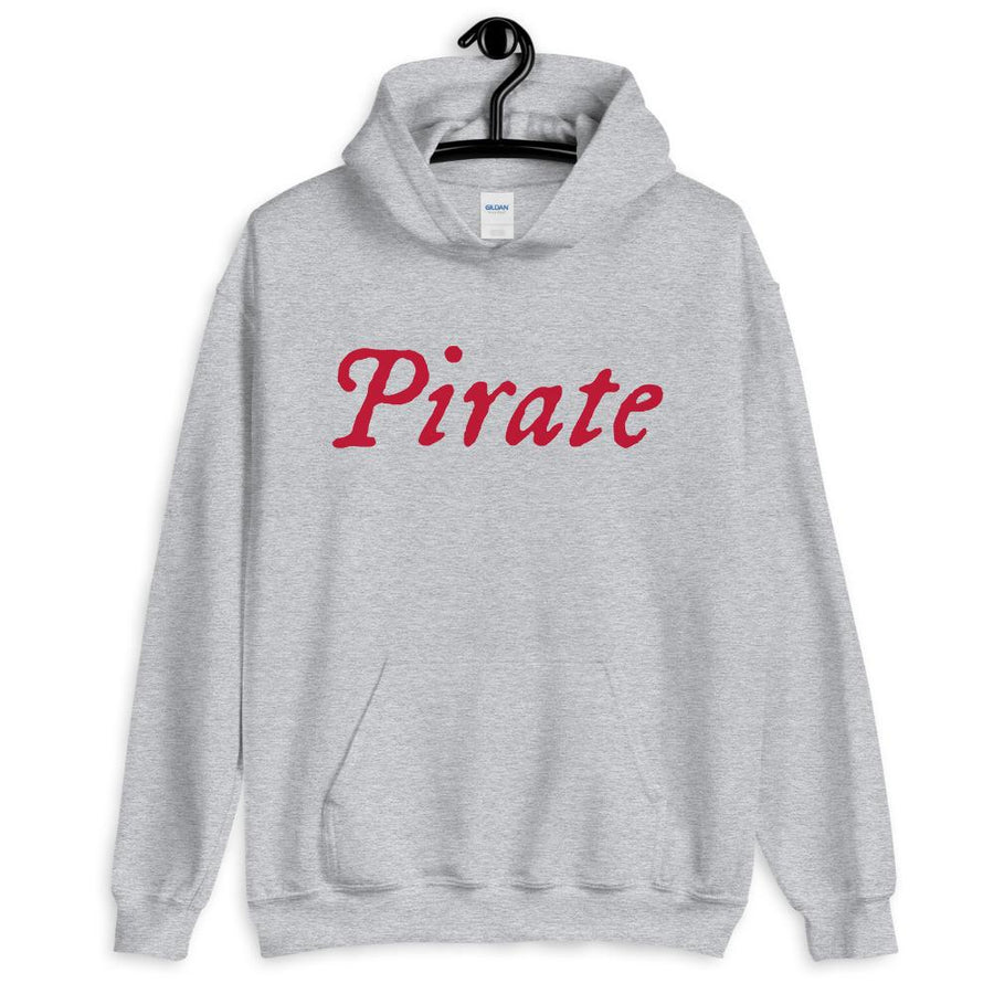 Grey unisex Hoodie with word "Pirate" written horizontally in IM Fell font on the front and back of the hoodie. Lettering is in Red.