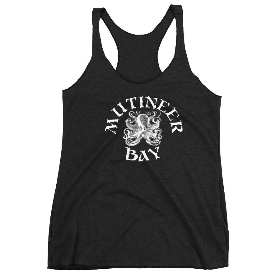 Black racerback tank top depicting white Mutineer Bay trademarked logo on the front.