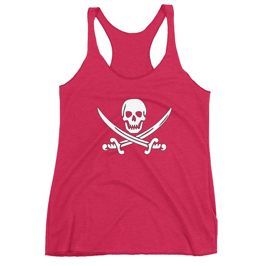 Hot Pink racerback tank top with Jack Rackham pirate flag represented as a white skull above two crossed swords, which contributed to the popularization of pirates worldwide.