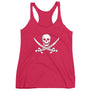 Hot Pink racerback tank top with Jack Rackham pirate flag represented as a white skull above two crossed swords, which contributed to the popularization of pirates worldwide.