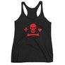Black racerback tank top depicting the red pirate flag of Stede Bonnet "The Gentleman Pirate" represented as a white skull above a horizontal long bone between a heart and a dagger