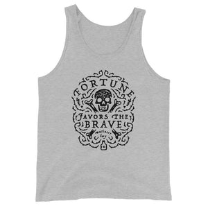 Light grey unisex tank top with centered skull and cross bones, with small additional artistic accents, surrounded in a circular pattern with "Fortune Favors the Brave". All lettering and imagining is in Black.