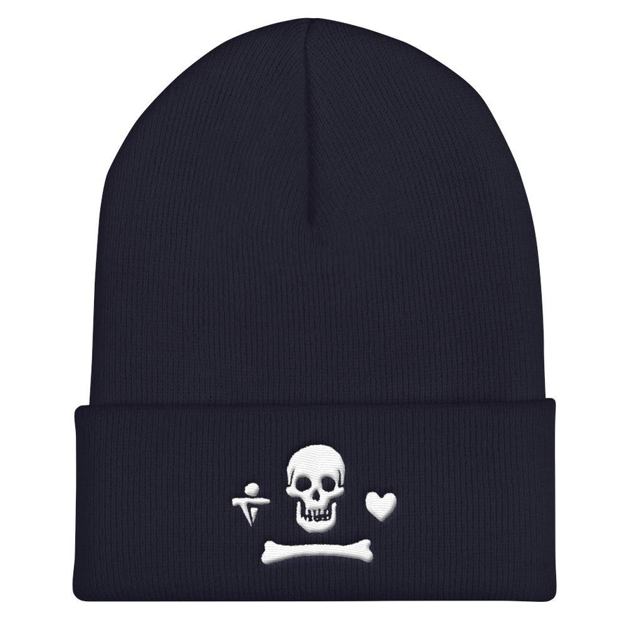 Black beanie depicting the pirate flag of Stede Bonnet "The Gentleman Pirate" represented as a white skull above a horizontal long bone between a heart and a dagger, all on a black field.