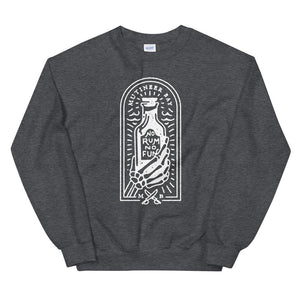 Grey unisex sweatshirt with image of skeleton hands holding up a rum bottle with the "No Rum, No Fun" written in the middle. In small semi circle above the bottle, "Mutineer Bay" is written. All images and lettering is in White.