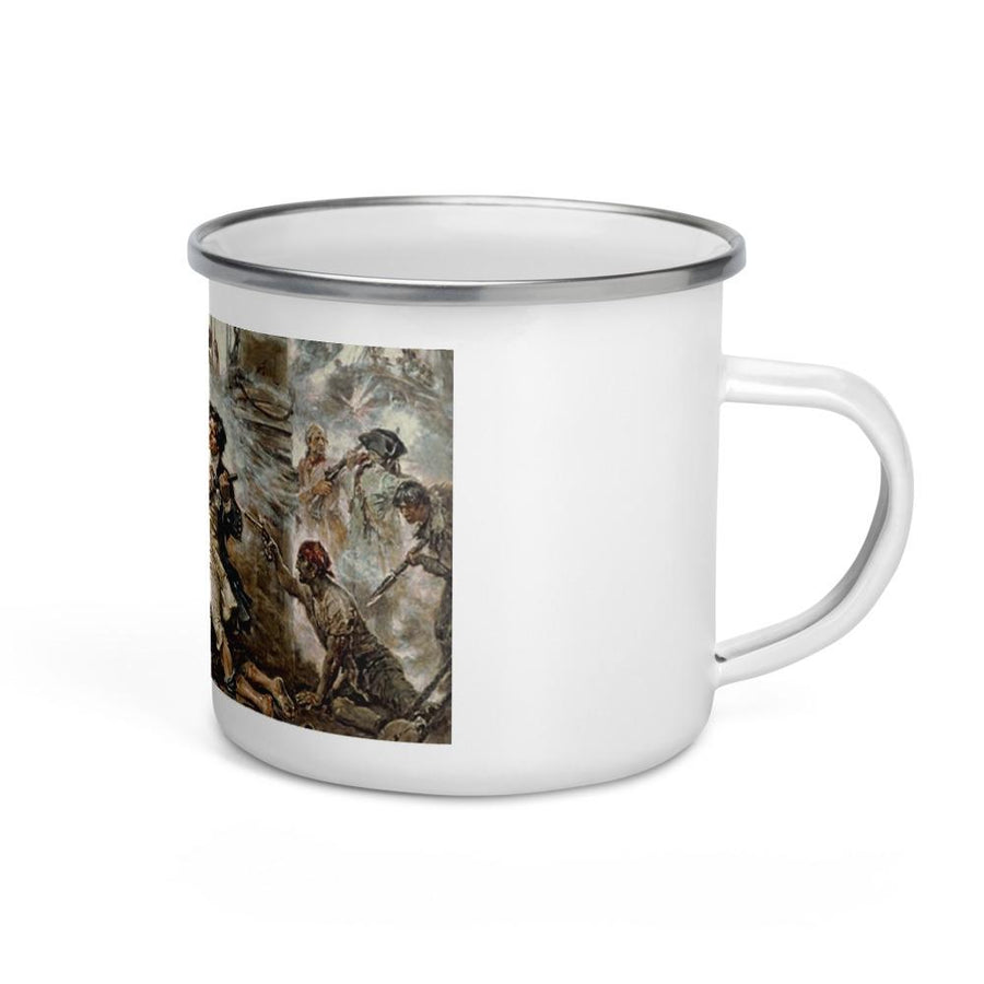 Enamel Mug of the Capture of the Pirate, Blackbeard, 1718 depicting the battle between Blackbeard the Pirate and Lieutenant Maynard in Ocracoke Bay