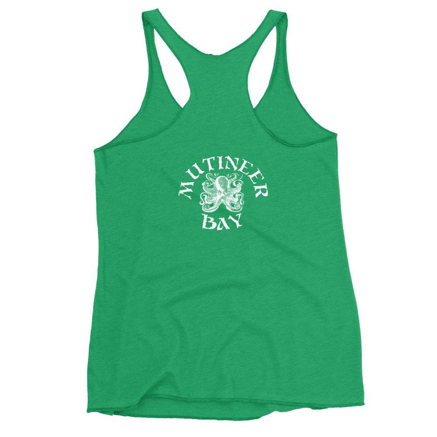 Emerald green racerback tank top with the purported pirate flag of Blackbeard, consisting of a white horned skeleton using a spear to pierce a red bleeding heart, typically attributed to the pirate Edward Teach, better known as Blackbeard.