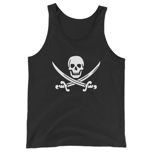 Black unisex tank top with Jack Rackham pirate flag represented as a white skull above two crossed swords, which contributed to the popularization of pirates worldwide.