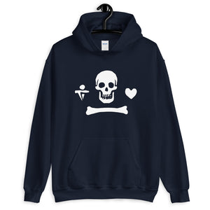 Navy Blue unisex hoodie depicting the white pirate flag of Stede Bonnet "The Gentleman Pirate" represented as a white skull above a horizontal long bone between a heart and a dagger.