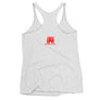White racerback tank top with Jack Rackham pirate flag represented as a red skull above two red crossed swords, which contributed to the popularization of pirates worldwide