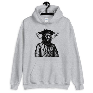 Light Grey unisex Hoodie with a black image of "Blackbeard the Pirate" this was published in Defoe, Daniel; Johnson, Charles (1736 - although Angus Konstam says the image is circa 1726)