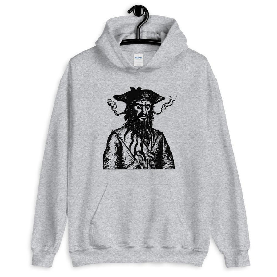 Light Grey unisex Hoodie with a black image of "Blackbeard the Pirate" this was published in Defoe, Daniel; Johnson, Charles (1736 - although Angus Konstam says the image is circa 1726)