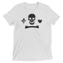White unisex short sleeve t-shirt depicting the pirate flag of Stede Bonnet "The Gentleman Pirate" represented as a black skull above a black horizontal long bone between black a heart and a black dagger.
