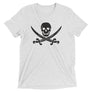 White unisex short sleeve t-shirt with Jack Rackham pirate flag represented as a black skull above two black crossed swords, which contributed to the popularization of pirates worldwide.