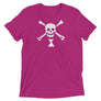 Hot Pink short sleeve t-shirt depicting white pirate flag of Emanuel Wynn, famous French pirate, which is a variant of crossbones motif with an addition of an hourglass which represented that pirate prey's time is up.