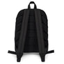 White minimalist backpack depicting the black pirate flag of Stede Bonnet "The Gentleman Pirate" represented as a white skull above a horizontal long bone between a heart and a dagger.