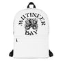 White Minimalist Backpack with  Black unisex hoodie depicting white Mutineer Bay trademarked logo on the front.