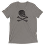 Dark grey unisex short sleeve t-shirt with Henry Every pirate flag which depicts a black skull in profile wearing a kerchief and an earring, above a saltire of two black crossed bones