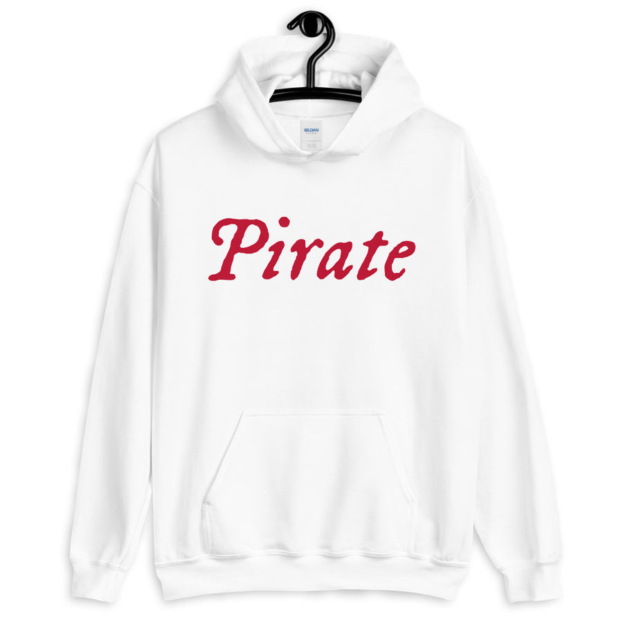 White unisex Hoodie with word "Pirate" written horizontally in IM Fell font on the front and back of the hoodie. Lettering is in Red.