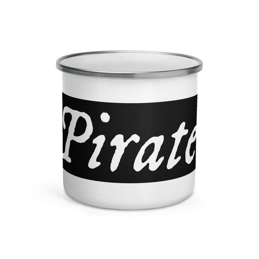 Enamel Mug with "Pirate" written white lettering in IM Fell font, surrounded by black background.