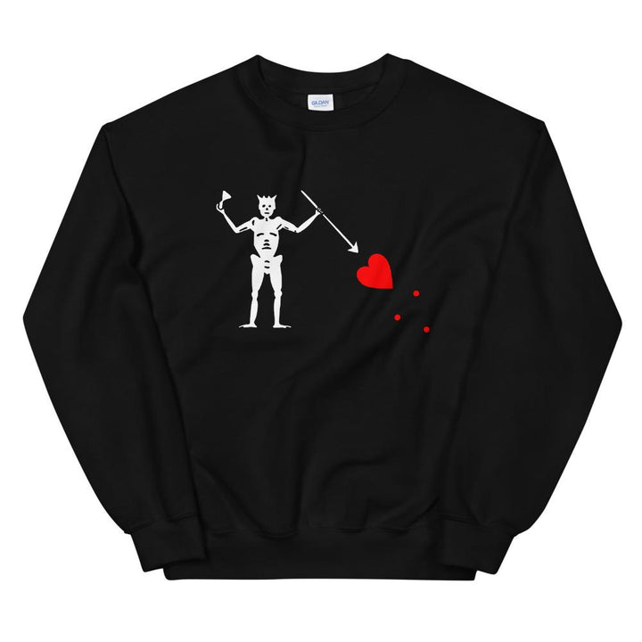 Black sweatshirt with the purported pirate flag of Blackbeard, consisting of a white horned skeleton using a spear to pierce a red bleeding heart, typically attributed to the pirate Edward Teach, better known as Blackbeard.