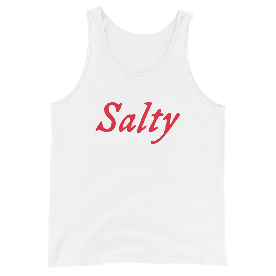 White unisex tank top with wording "Salty" written on one horizontal row in IM Fell font on the front. Lettering is in Red.