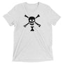 White short sleeve t-shirt depicting black pirate flag of Emanuel Wynn, famous French pirate, which is a variant of crossbones motif with an addition of an hourglass which represented that pirate prey's time is up.