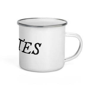 Enamel Mug with "Pirates" written in black lettering in IM Fell font, surrounded by white background.