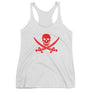White racerback tank top with Jack Rackham pirate flag represented as a red skull above two red crossed swords, which contributed to the popularization of pirates worldwide