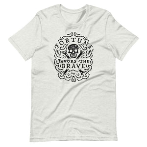 Light grey short sleeve t-shirt with centered skull and cross bones, with small additional artistic accents, surrounded in a circular pattern with "Fortune Favors the Brave". All lettering and imagining is in Black.